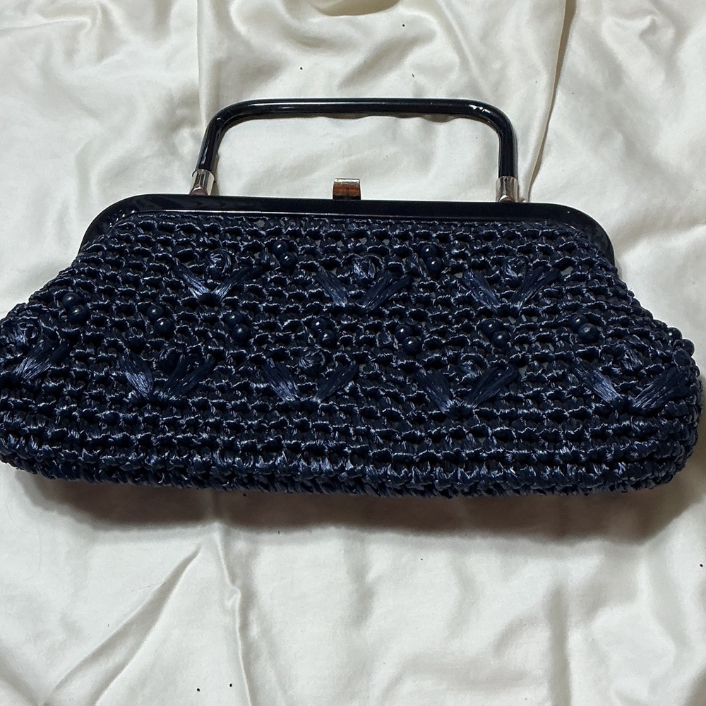 Vintage Navy Blue Woven Top Handle Clutch Bag Retro Evening Purse